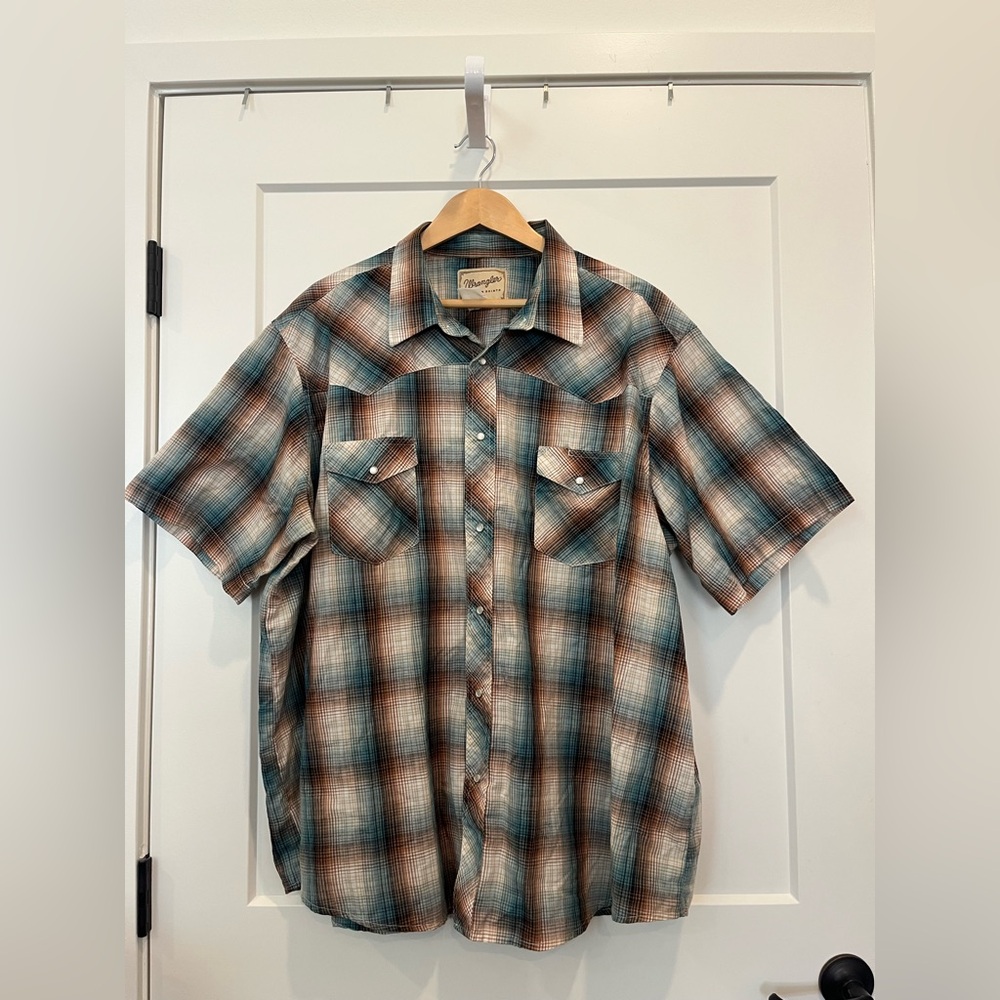 Vintage Wrangler Western short sleeve pearl snap plaid cowboy rodeo shirt Sz XXL